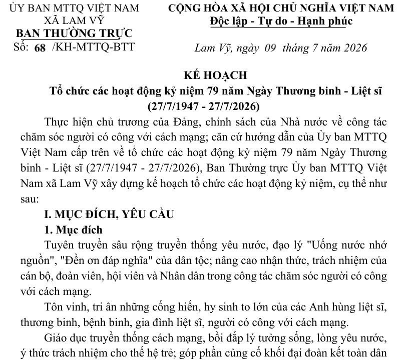 KẾ HOẠCH Tổ chức các hoạt động kỷ niệm 79 năm Ngày Thương binh - Liệt sĩ (27/7/1947 - 27/7/2026)