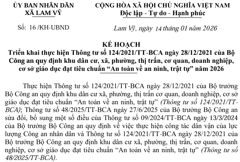 KẾ HOẠCH  Triển khai thực hiện Thông tư số 124/2021/TT-BCA ngày 28/12/2021 của Bộ  Công an quy định khu dân cư, xã, phường, thị trấn, cơ quan, doanh nghiệp,  cơ sở giáo dục đạt tiêu chuẩn “An toàn về an ninh, trật tự” năm 2026