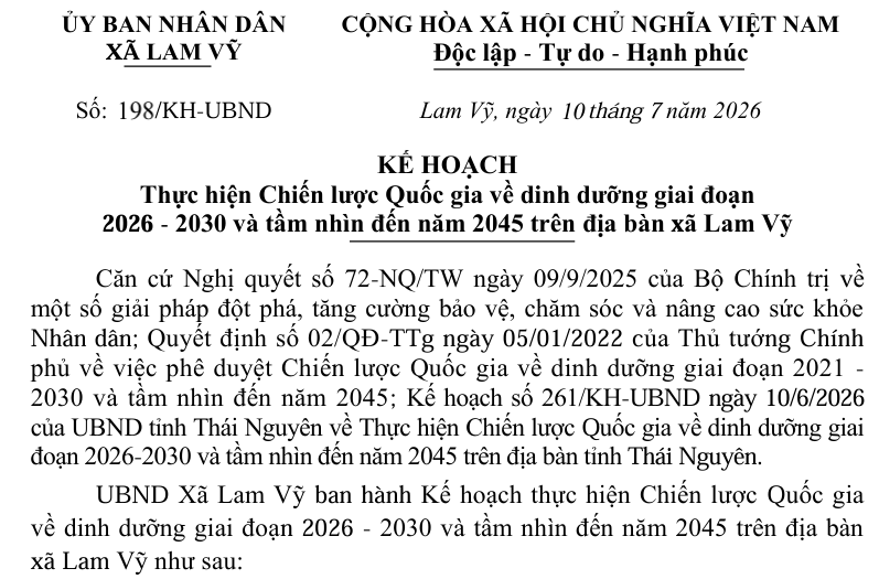 KẾ HOẠCH  Thực hiện Chiến lược Quốc gia về dinh dưỡng giai đoạn  2026 - 2030 và tầm nhìn đến năm 2045 trên địa bàn xã Lam Vỹ 
