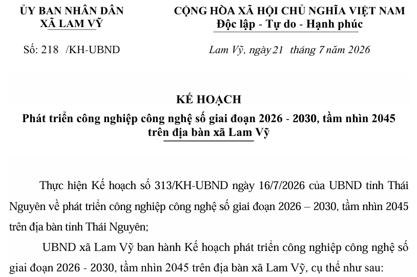 KẾ HOẠCH  Phát triển công nghiệp công nghệ số giai đoạn 2026 - 2030, tầm nhìn 2045   trên địa bàn xã Lam Vỹ 