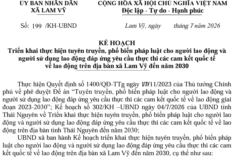 KẾ HOẠCH  Triển khai thực hiện tuyên truyền, phổ biến pháp luật cho người lao động và  người sử dụng lao động đáp ứng yêu cầu thực thi các cam kết quốc tế   về lao động trên địa bàn xã Lam Vỹ đến năm 2030 