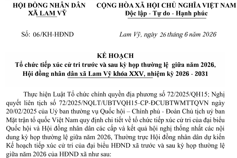 KẾ HOẠCH  Tổ chức tiếp xúc cử tri trước và sau kỳ họp thường lệ  giữa năm 2026,   Hội đồng nhân dân xã Lam Vỹ khóa XXV, nhiệm kỳ 2026 - 2031 