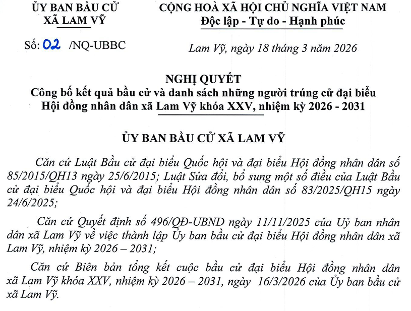 Công bố kết quả bầu cử và danh sách những người trúng cử đại biểu  Hội đồng nhân dân xã Lam Vỹ khóa XXV, nhiệm kỳ 2026 - 2031