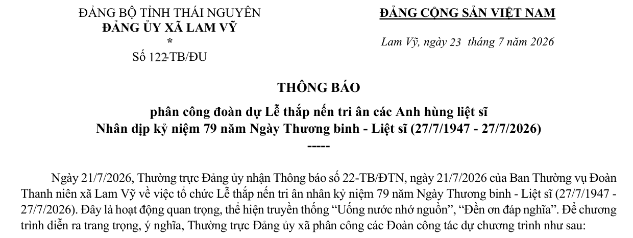 THÔNG BÁO phân công đoàn dự Lễ thắp nến tri ân các Anh hùng liệt sĩ Nhân dịp kỷ niệm 79 năm Ngày Thương binh - Liệt sĩ (27/7/1947 - 27/7/2026