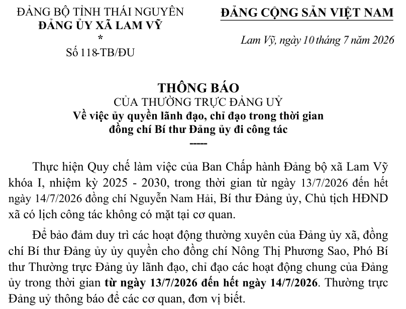 THÔNG BÁO CỦA THƯỜNG TRỰC ĐẢNG UỶ  Về việc ủy quyền lãnh đạo, chỉ đạo trong thời gian  đồng chí Bí thư Đảng ủy đi công tác