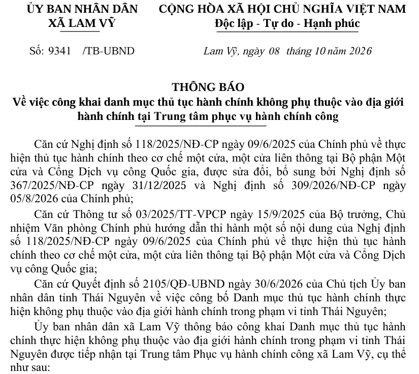 THÔNG BÁO  Về việc công khai danh mục thủ tục hành chính không phụ thuộc vào địa giới  hành chính tại Trung tâm phục vụ hành chính công 