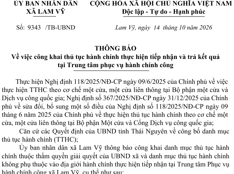 THÔNG BÁO Về việc công khai thủ tục hành chính thực hiện tiếp nhận và trả kết quả tại Trung tâm phục vụ hành chính công