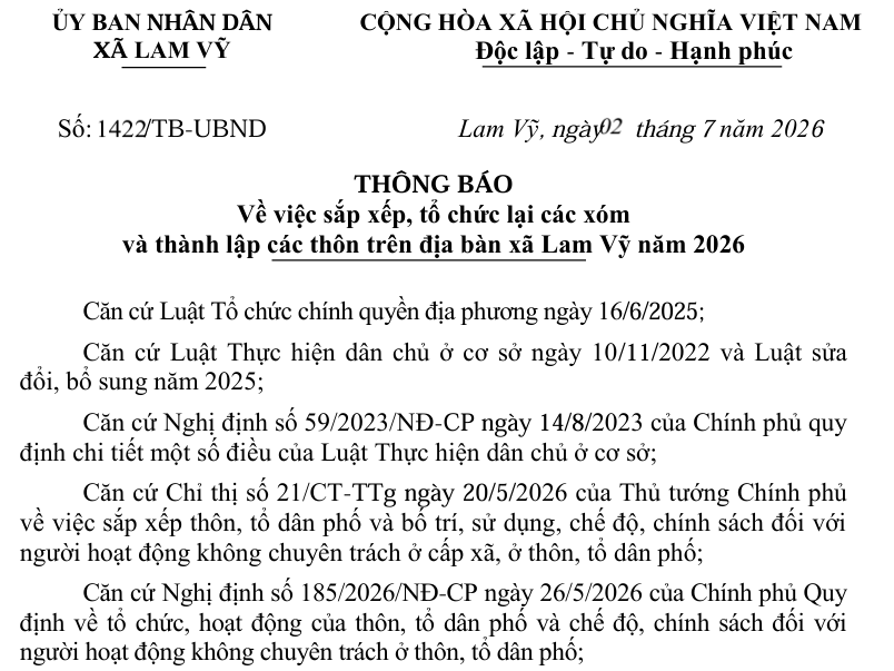 THÔNG BÁO  Về việc sắp xếp, tổ chức lại các xóm   và thành lập các thôn trên địa bàn xã Lam Vỹ năm 2026