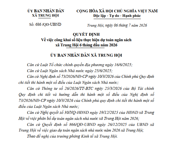 QUYẾT ĐỊNH Về việc công khai số liệu thực hiện dự toán ngân sách xã Trung Hội 6 tháng đầu năm 2026