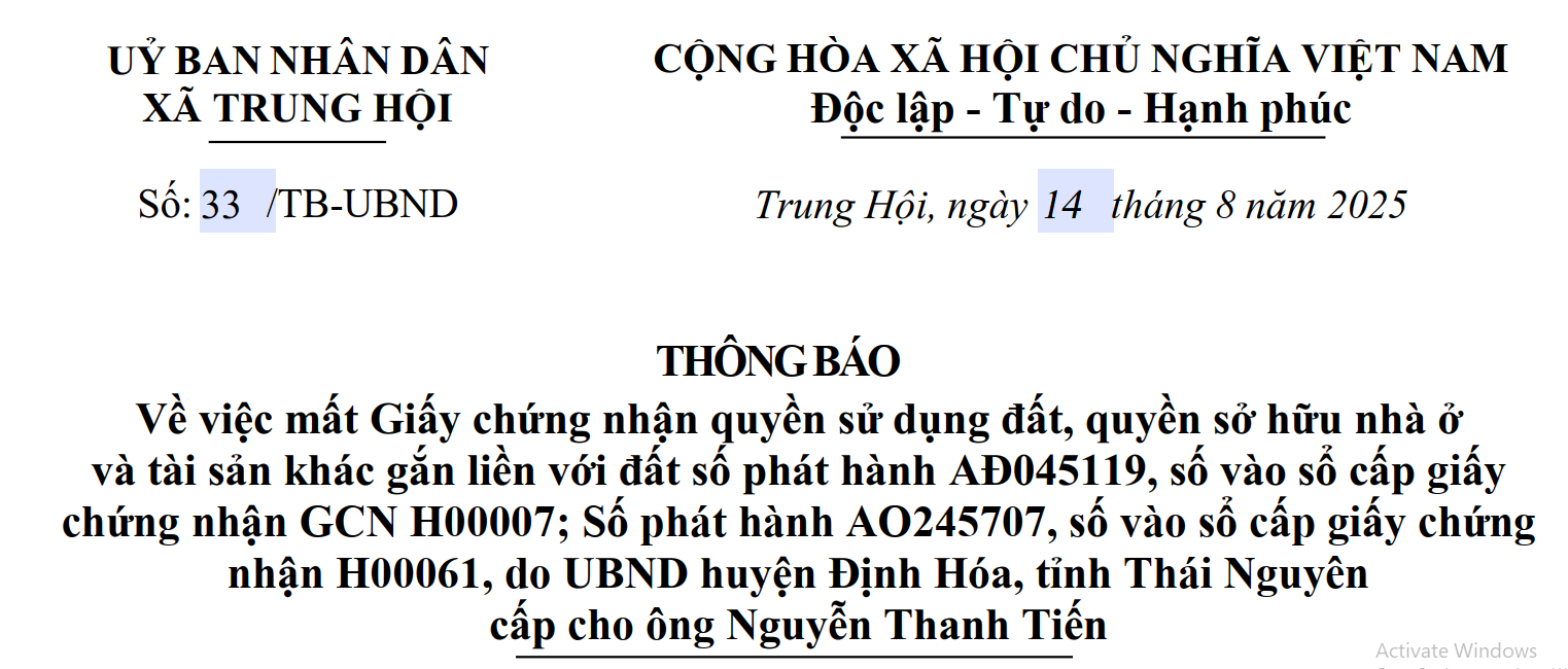 Về việc mất Giấy chứng nhận quyền sử dụng đất, quyền sở hữu nhà ở và tài sản khác gắn liền với đất số phát hành AĐ045119, số vào sổ cấp giấy chứng nhận GCN H00007; Số phát hành AO245707, số vào sổ cấp giấy chứng nhận H00061, do UBND huyện Định Hóa, tỉnh Thái Nguyên cấp cho ông Nguyễn Thanh Tiến
