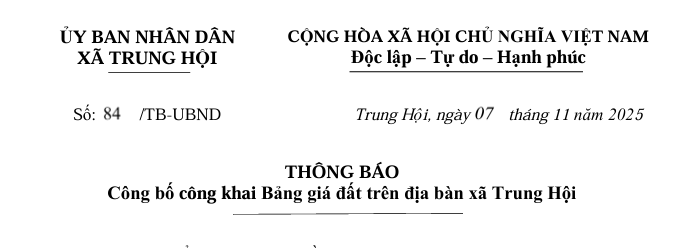 Thông báo công bố công khai bảng giá đất trên địa bàn xã Trung Hội