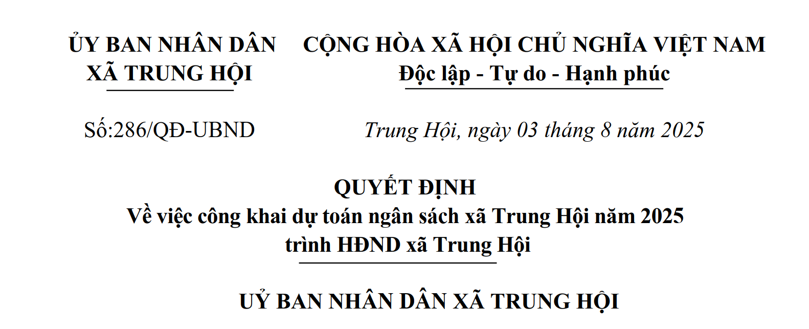 Quyết định công khai dự toán ngân sách năm 2025 trình HĐND xã Trung Hội