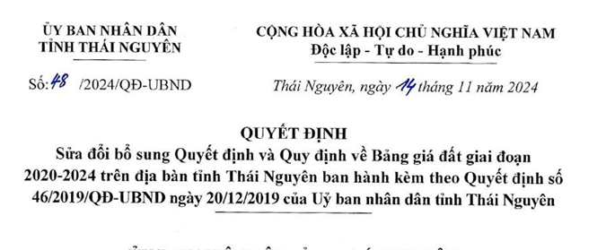 Sửa đổi bổ sung Quyết định và Quy định về bảng giá đất giai đoạn 2020-2024trên địa bàn tỉnh Thái Nguyên