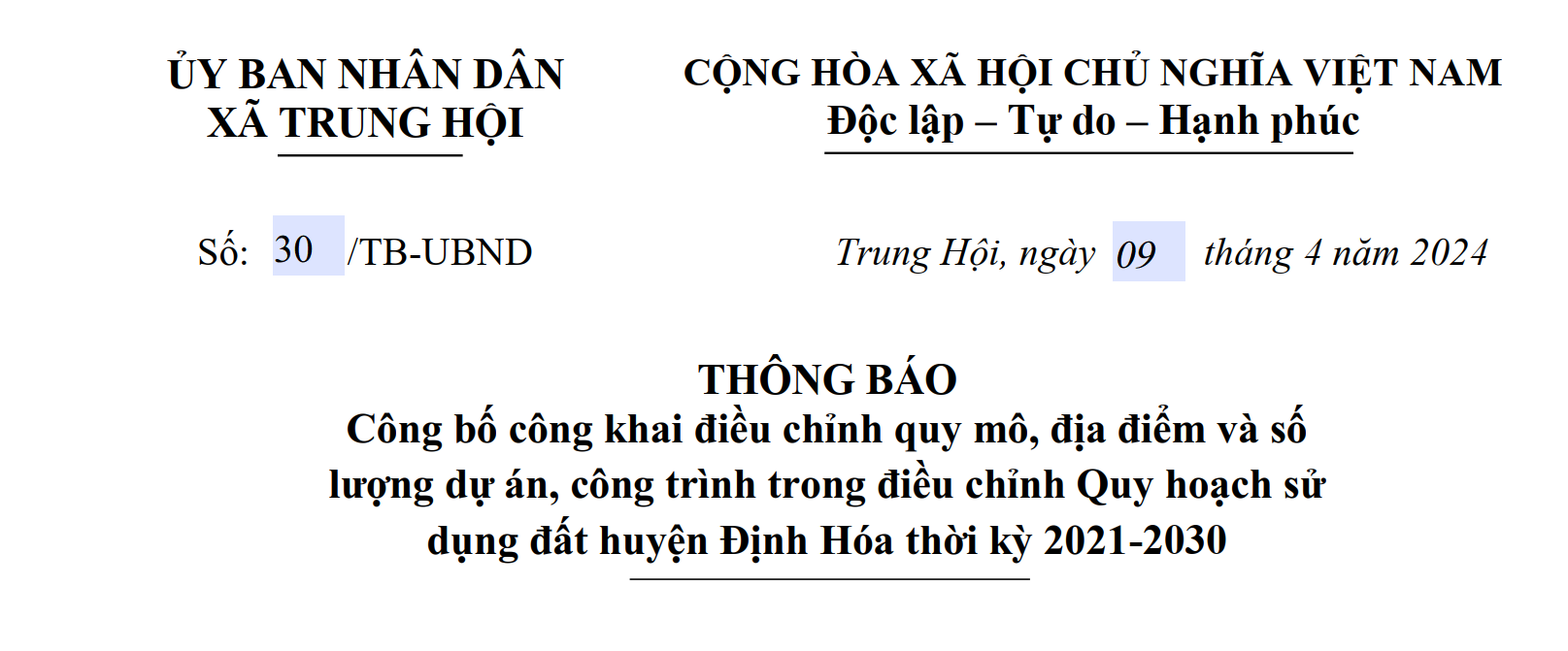 Công bố công khai điều chỉnh quy mô, địa điểm và số lượng dự án, công trình trong điều chỉnh Quy hoạch sử dụng đất huyện Định Hóa thời kỳ 2021-2030