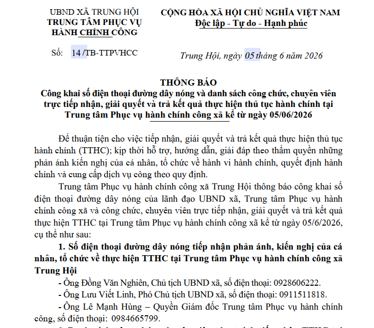 THÔNG BÁO Công khai số điện thoại đường dây nóng và danh sách công chức, chuyên viên trực tiếp nhận, giải quyết và trả kết quả thực hiện thủ tục hành chính tại Trung tâm Phục vụ hành chính công xã kể từ ngày 05/06/2026