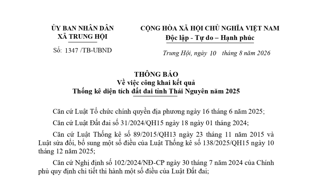 THÔNG BÁO : Về việc công khai kết quả Thống kê diện tích đất đai tỉnh Thái Nguyên năm 2025