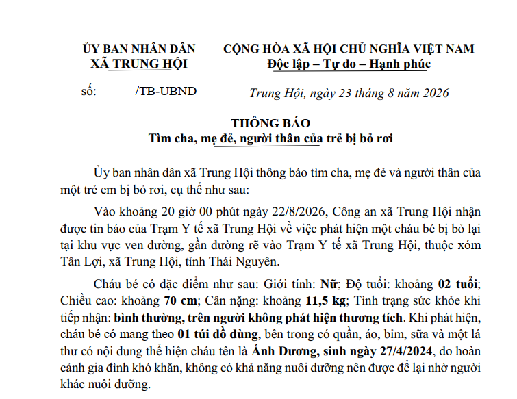 THÔNG BÁO Tìm cha, mẹ đẻ, người thân của trẻ bị bỏ rơi