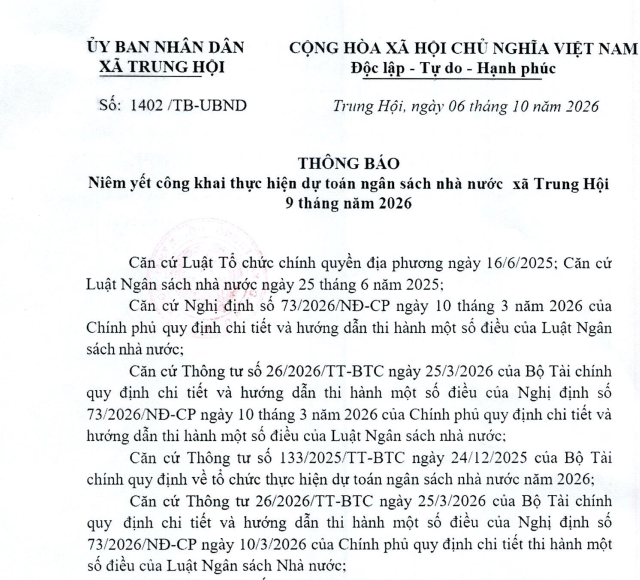 THÔNG BÁO  Niêm yết công khai thực hiện dự toán ngân sách nhà nước xã Trung Hội 9 tháng năm 2026