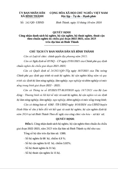 Quyết định Công nhận danh sách hộ nghèo, hộ cận nghèo, hộ thoát nghèo, thoát cận  theo chuẩn nghèo đa chiều giai đoạn 2022-2025, năm 2025   trên địa bàn xã Bình Thành