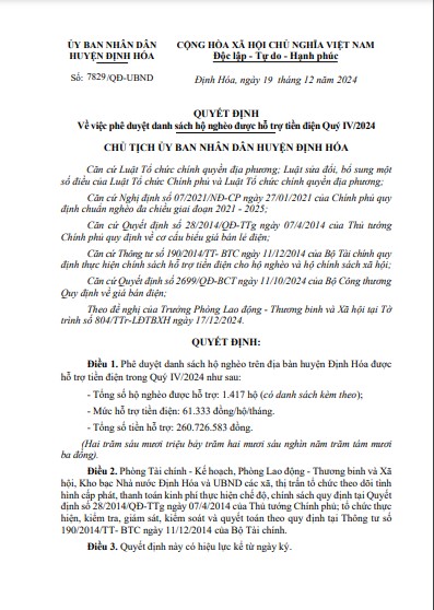 Quyết định Về việc phê duyệt danh sách hộ nghèo được hỗ trợ tiền điện Quý IV/2024