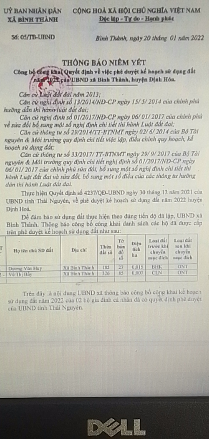 Thông báo niêm yết công bố công khai quyết định về việc phê duyệt kế hoạch sử dụng đất năm 2022 của UBND xã Bình Thành