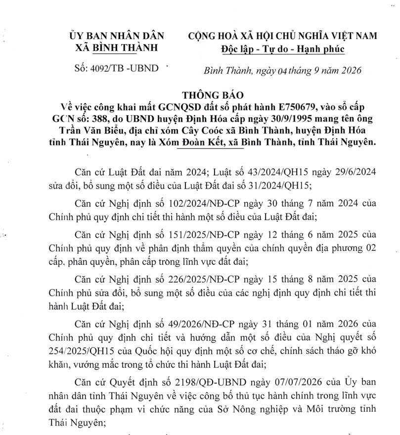 Thông báo công khai việc mất GCNQSD đất