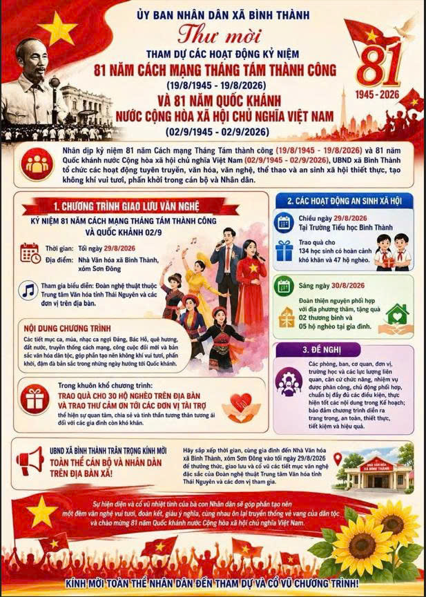 THÔNG BÁO CÁC HOẠT ĐỘNG KỶ NIỆM 81 NĂM CÁCH MẠNG THÁNG TÁM VÀ QUỐC KHÁNH 02/9