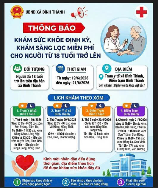 LỊCH KHÁM SỨC KHỎE CHO NGƯỜI DÂN TỪ 18 TUỔI TRỞ LÊN TRÊN ĐỊA BÀN XÃ BÌNH THÀNH.