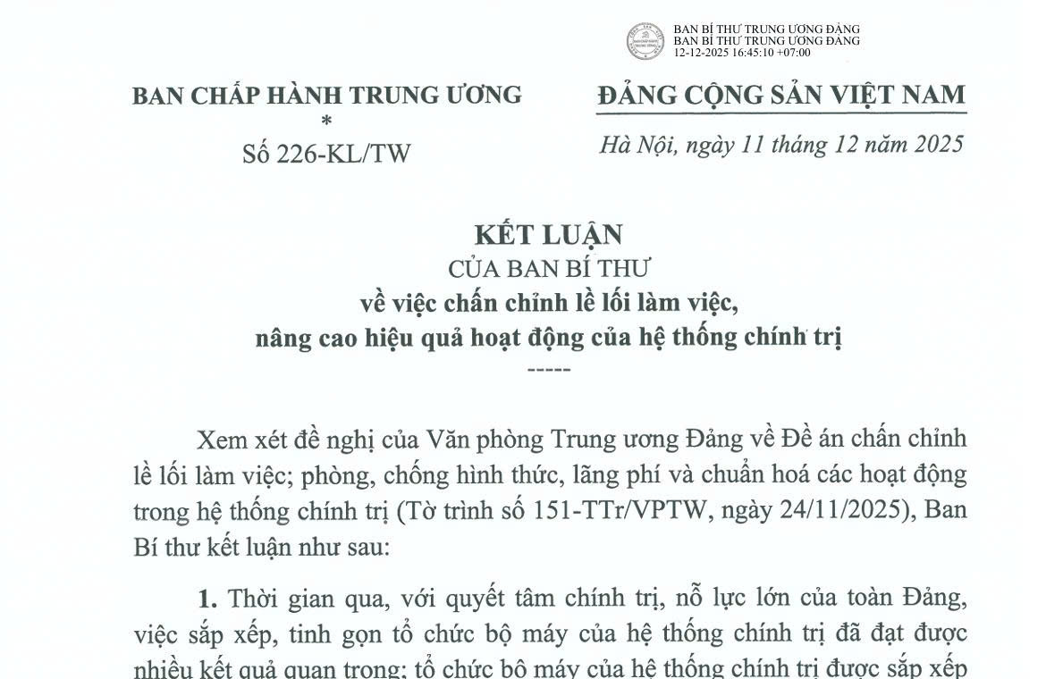 KẾT LUẬN CỦA BAN BÍ THƯ VỀ VIỆC CHẤN CHỈNH LỀ LỐI LÀM VIỆC NÂNG CAO HIỆU QUẢ HOẠT ĐỘNG CỦA HỆ THỐNG CHÍNH TRỊ