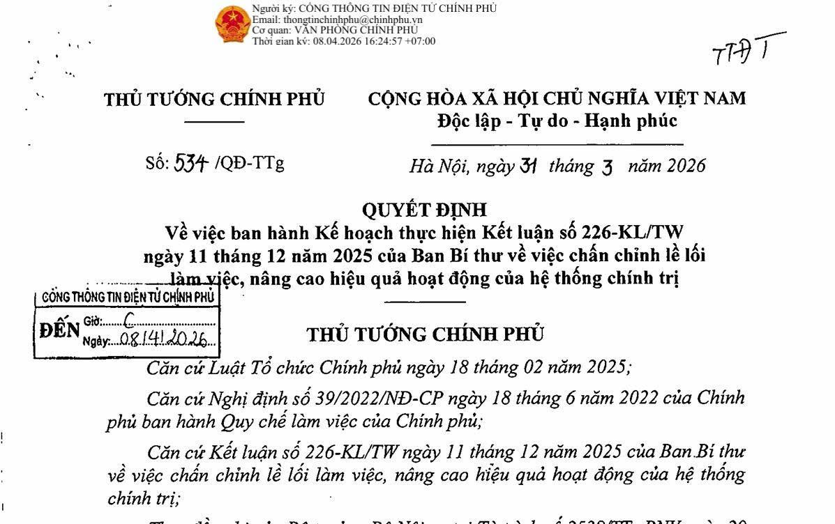 QUYẾT ĐỊNH BAN HÀNH KẾ HOẠCH THỰC HIỆN KẾT LUẬN 226-KL/TW CỦA BAN BÍ THƯ VỀ VIỆC CHẤN CHỈNH LỀ LỐI LÀM VIỆC NÂNG CAO HIỆU QUẢ HOẠT ĐỘNG CỦA HỆ THỐNG CHÍNH TRỊ