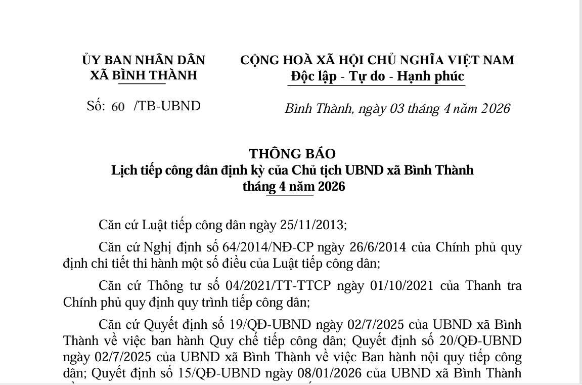 Lịch tiếp công dân định kỳ của Chủ tịch UBND xã Bình Thành  tháng 4 năm 2026 
