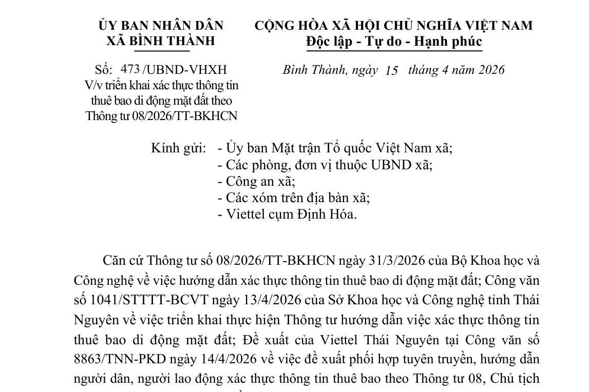 TRIỂN KHAI XÁC THỰC THÔNG TIN THUÊ BAO DI ĐỘNG MẶT ĐẤT TRÊN ĐỊA BÀN XÃ BÌNH THÀNH