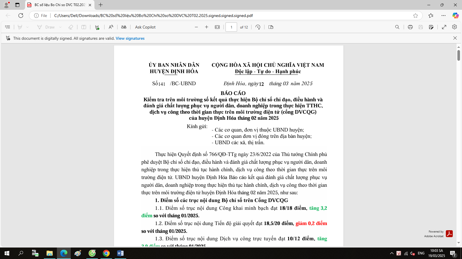 UBND xã Phú Đình công khai Báo cáo số 141/BC-UBND ngày 12/3/2025 Kiểm tra trên môi trường số kết quả thực hiện Bộ chỉ số chỉ đạo, điều hành và  đánh giá chất lượng phục vụ người dân, doanh nghiệp trong thực hiện TTHC,  dịch vụ công theo thời gian thực trên môi trường điện tử (cổng DVCQG)  của huyện Định Hóa tháng 02 năm 2025