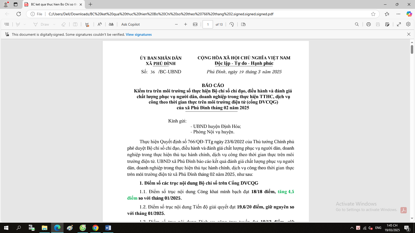 UBND xã Phú Đình công khai Báo cáo số 36/BC-UBND ngày 19/3/2025 của UBND xã Kiểm tra trên môi trường số thực hiện Bộ chỉ số chỉ đạo, điều hành và đánh giá  chất lượng phục vụ người dân, doanh nghiệp trong thực hiện TTHC, dịch vụ  công theo thời gian thực trên môi trường điện tử (cổng DVCQG) của xã Phú Đình tháng 02 năm 2025