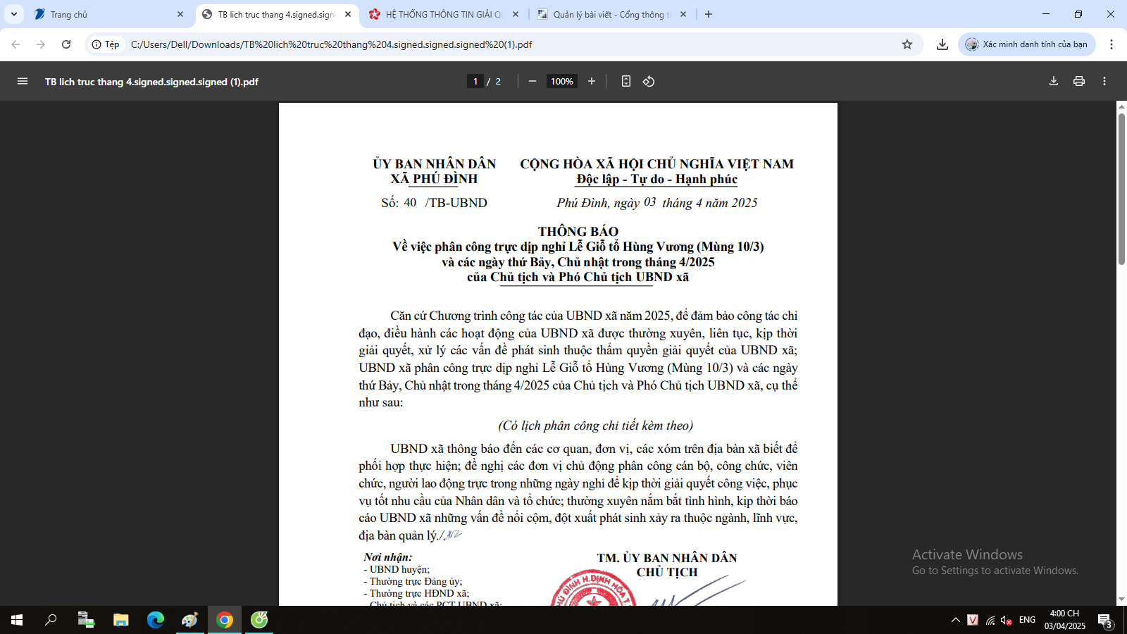 UBND xã Phú Đình công khai Thông báo số 40/TB-UBND ngày 03/4/2025 Về việc phân công trực dịp nghỉ Lễ Giỗ tổ Hùng Vương (Mùng 10/3) và các ngày thứ Bảy, Chủ nhật trong tháng 4/2025 của Chủ tịch và Phó Chủ tịch UBND xã