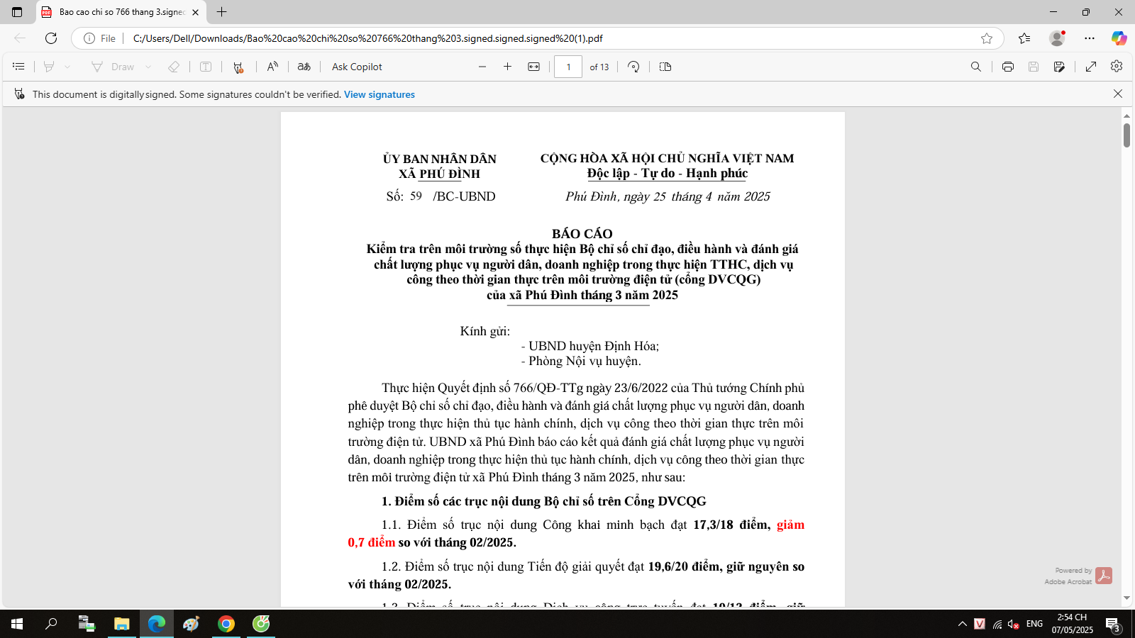 UBND xã Phú Đình công khai Báo cáo Kiểm tra trên môi trường số thực hiện Bộ chỉ số chỉ đạo, điều hành và đánh giá  chất lượng phục vụ người dân, doanh nghiệp trong thực hiện TTHC, dịch vụ  công theo thời gian thực trên môi trường điện tử (cổng DVCQG)   của xã Phú Đình tháng 3 năm 2025