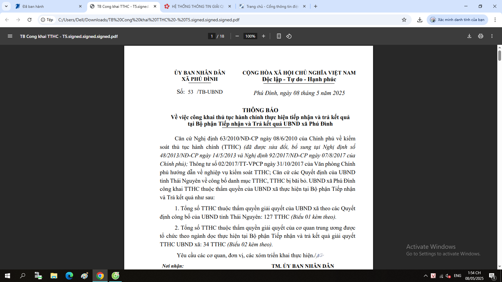UBND xã Phú Đình công khai Thông báo Về việc công khai thủ tục hành chính thực hiện tiếp nhận và trả kết quả tại Bộ phận Tiếp nhận và Trả kết quả UBND xã Phú Đình