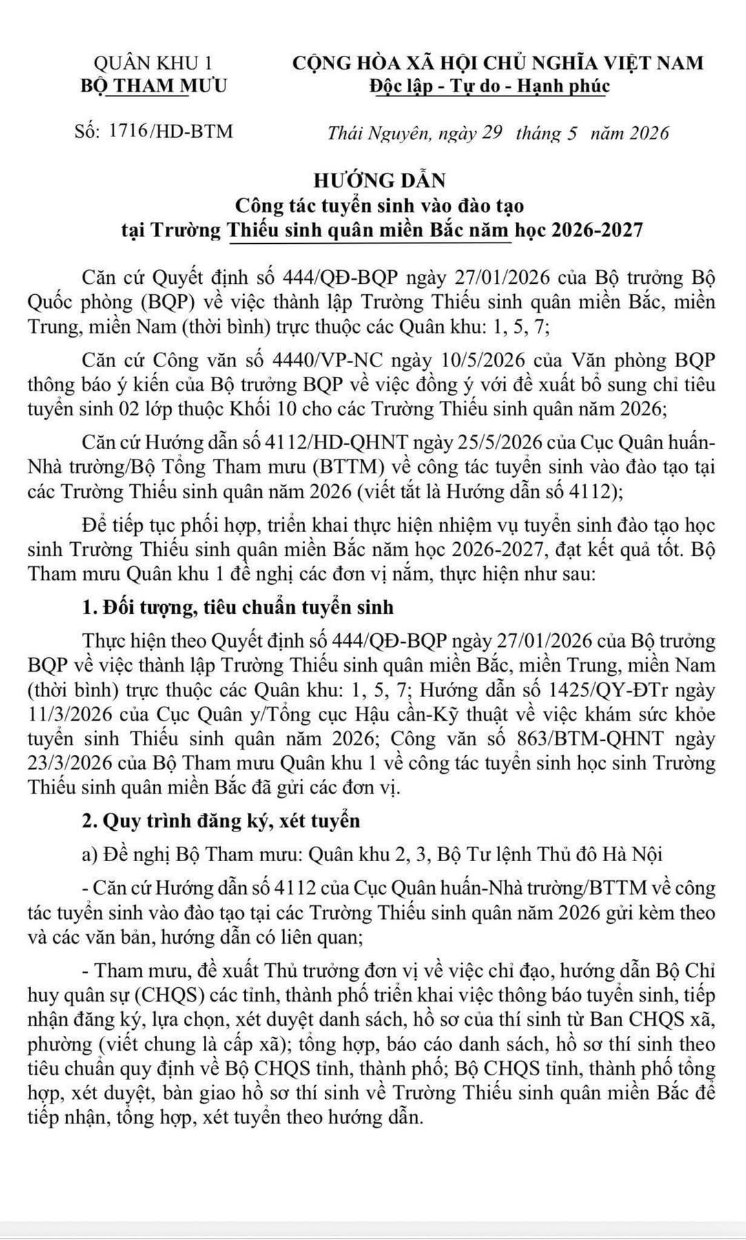 Hướng dẫn công tác tuyển sinh vào đào tạo tại Trường Thiếu sinh quân miền Bắc năm học 2026-2027!
