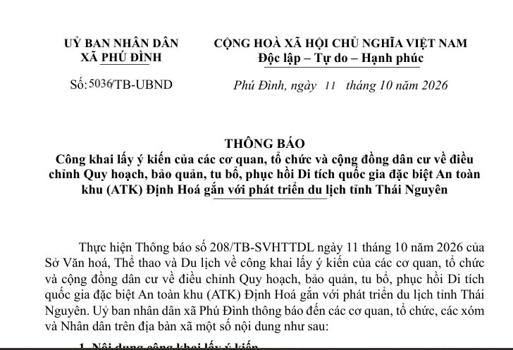 Thông báo công khai lấy ý kiến về điều chỉnh Quy hoạch bảo quản, tu bổ, phục hồi di tích quốc gia đặc biệt ATK
