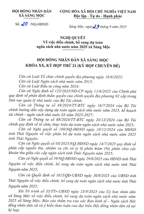 Nghị Quyết về việc điều chỉnh, bổ sung dự toán ngân sách nhà nước năm 2025 xã Sảng Mộc