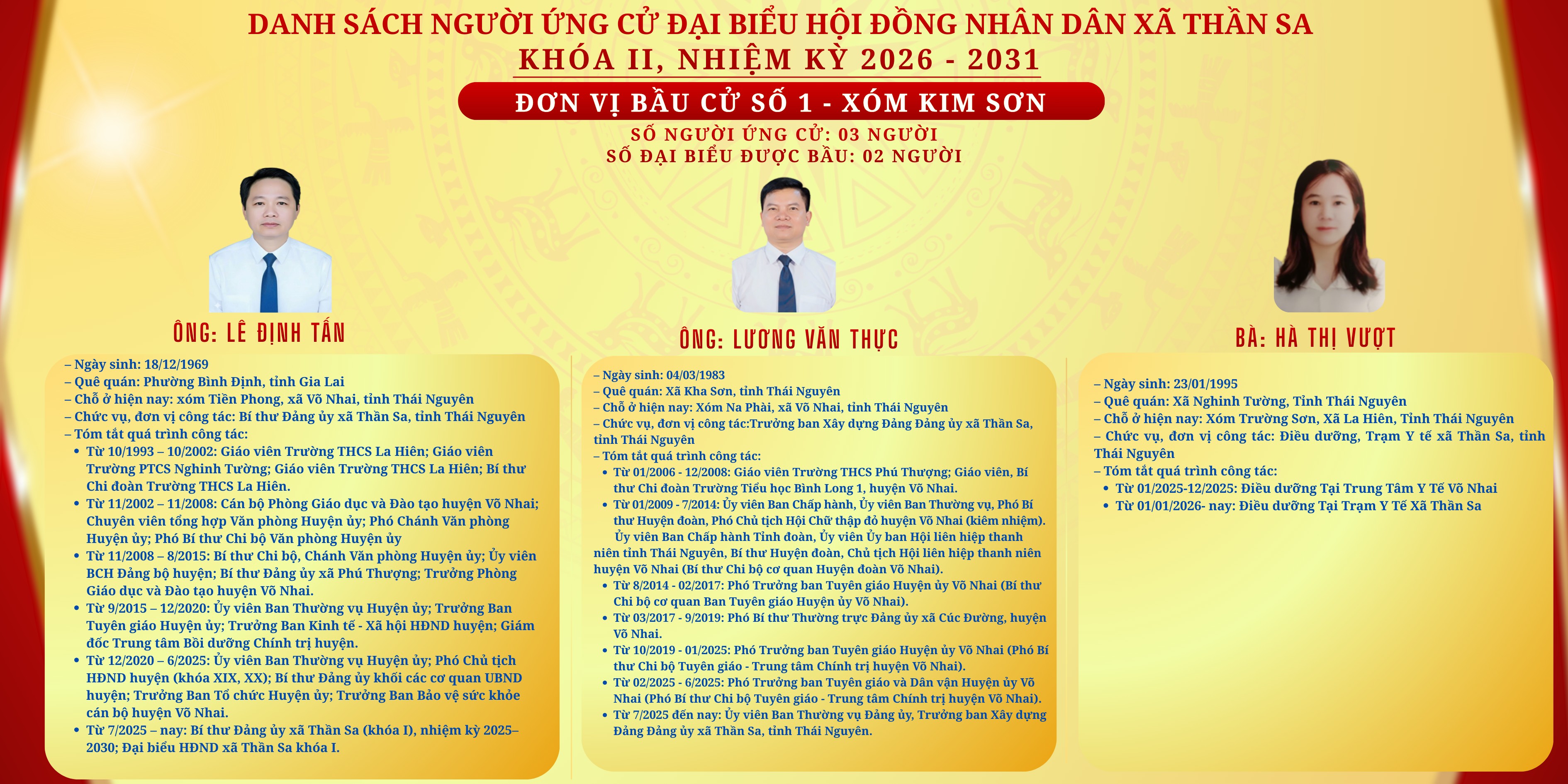 Thông báo Danh sách chính thức những người ứng cử đại biểu Hội đồng nhân dân xã Thần Sa khoá II, nhiệm kỳ 2026 - 2031 theo từng đơn vị bầu cử (được sắp xếp theo vần A, B, C)