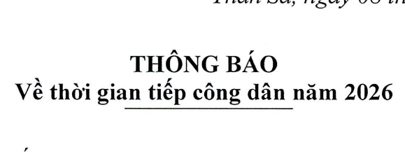 THÔNG BÁO THỜI GIAN TIẾP CÔNG DÂN NĂM 2026