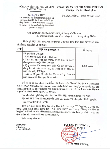 V/v mời cung cấp báo giá hàng hóa/dịch vụ xây dựng, thiết kế, in và phát hành Sổ ghi chép Dự án 8 “Thực hiện bình đẳng giới và giải quyết những vấn đề cấp thiết đối với phụ nữ và trẻ em”