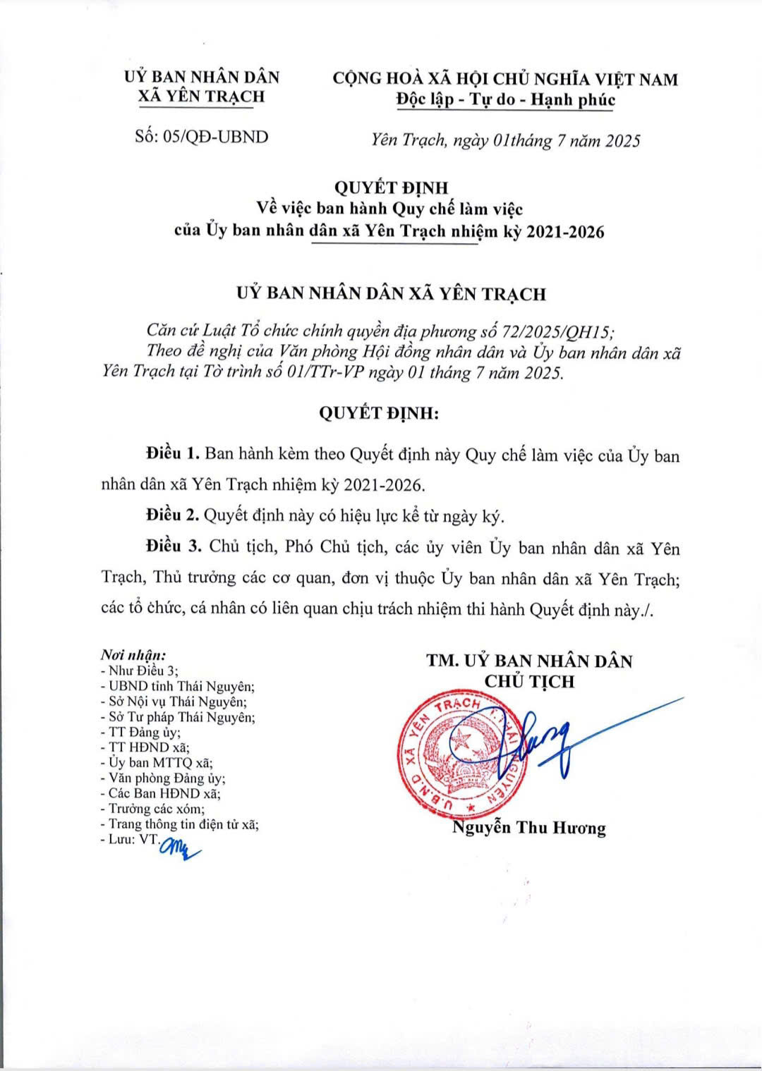 Quyết định Về việc ban hành Quy chế làm việc của Uỷ ban nhân dân xã Yên Trạch nhiệm kỳ 2021-2026