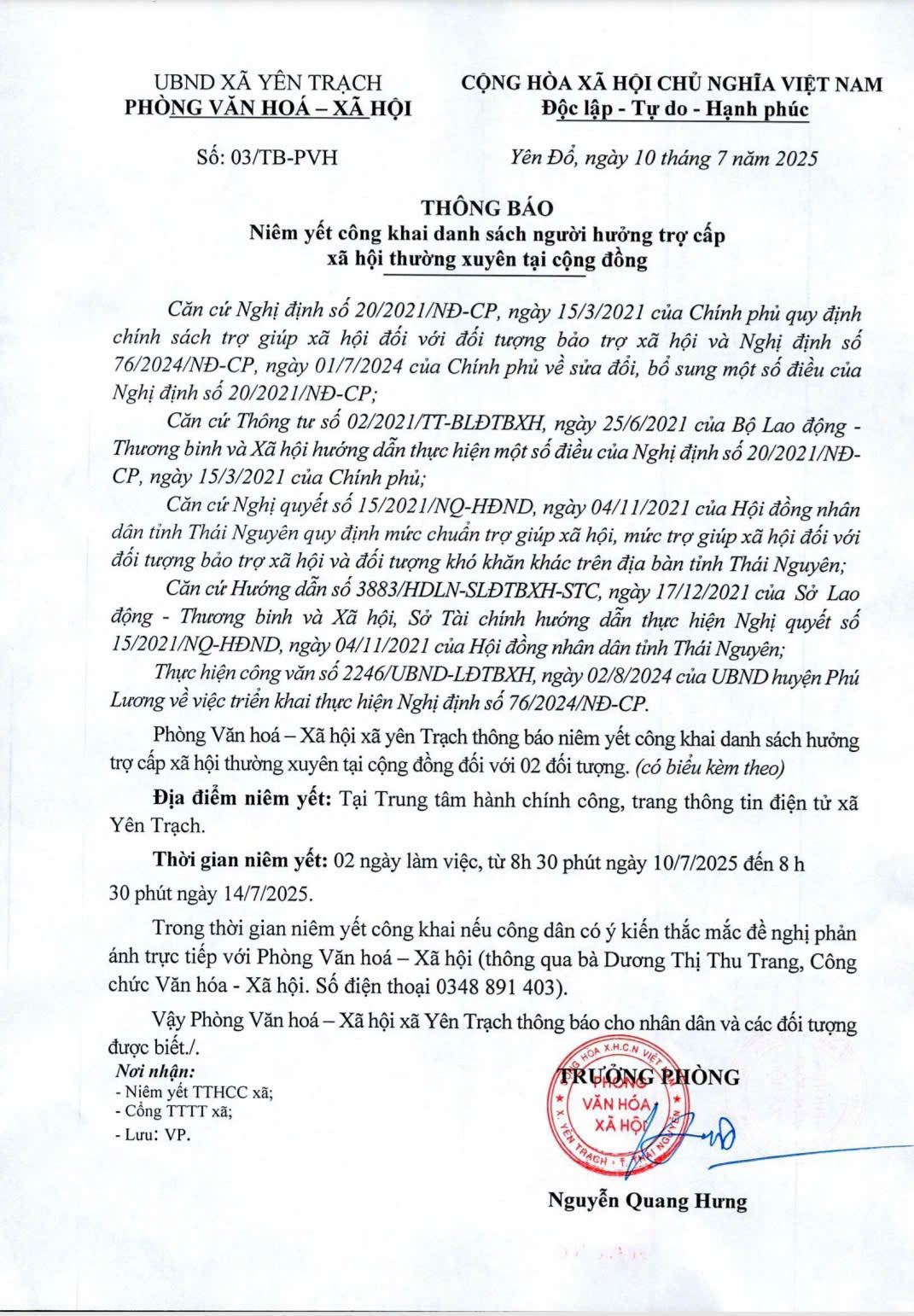 Thông báo Niêm yết công khai danh sách người hưởng trợ cấp xã hội thường xuyên tại cộng đồng