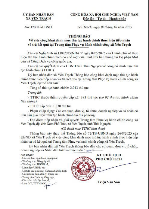 Thông báo về việc công khai danh mục thủ tục hành chính thực hiện tiếp nhận và trả kết quả tại Trung tâm phục vụ hành chính công xã Yên Trạch