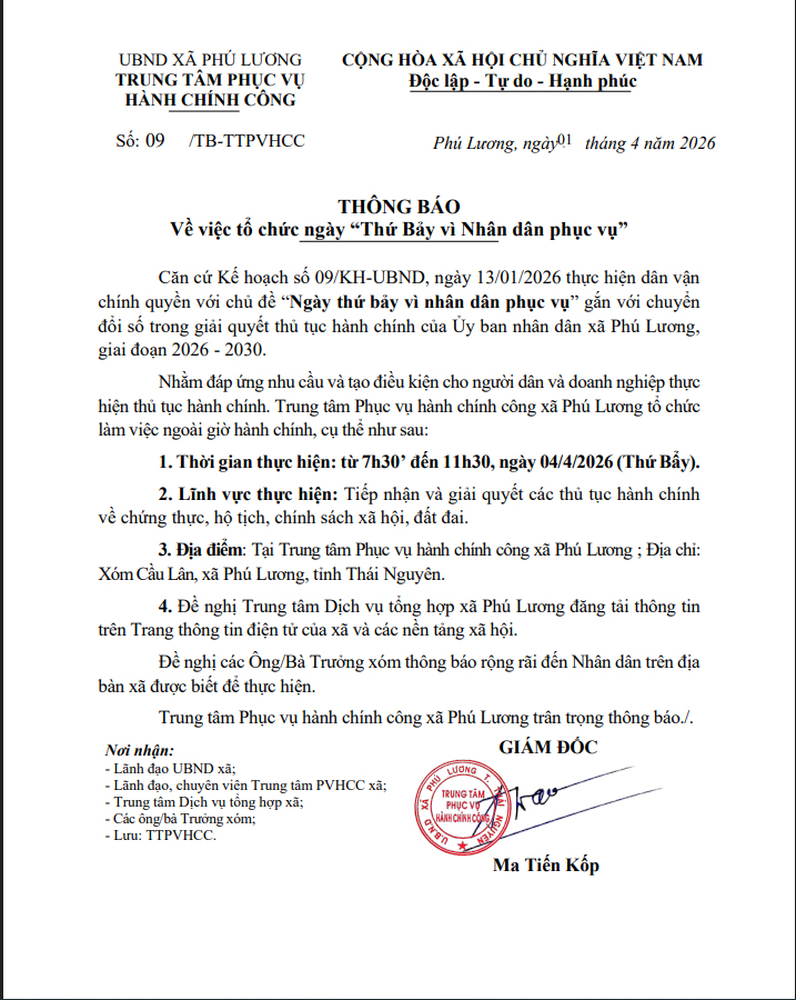 THÔNG BÁO Về việc tổ chức ngày “Thứ Bảy vì Nhân dân phục vụ” 