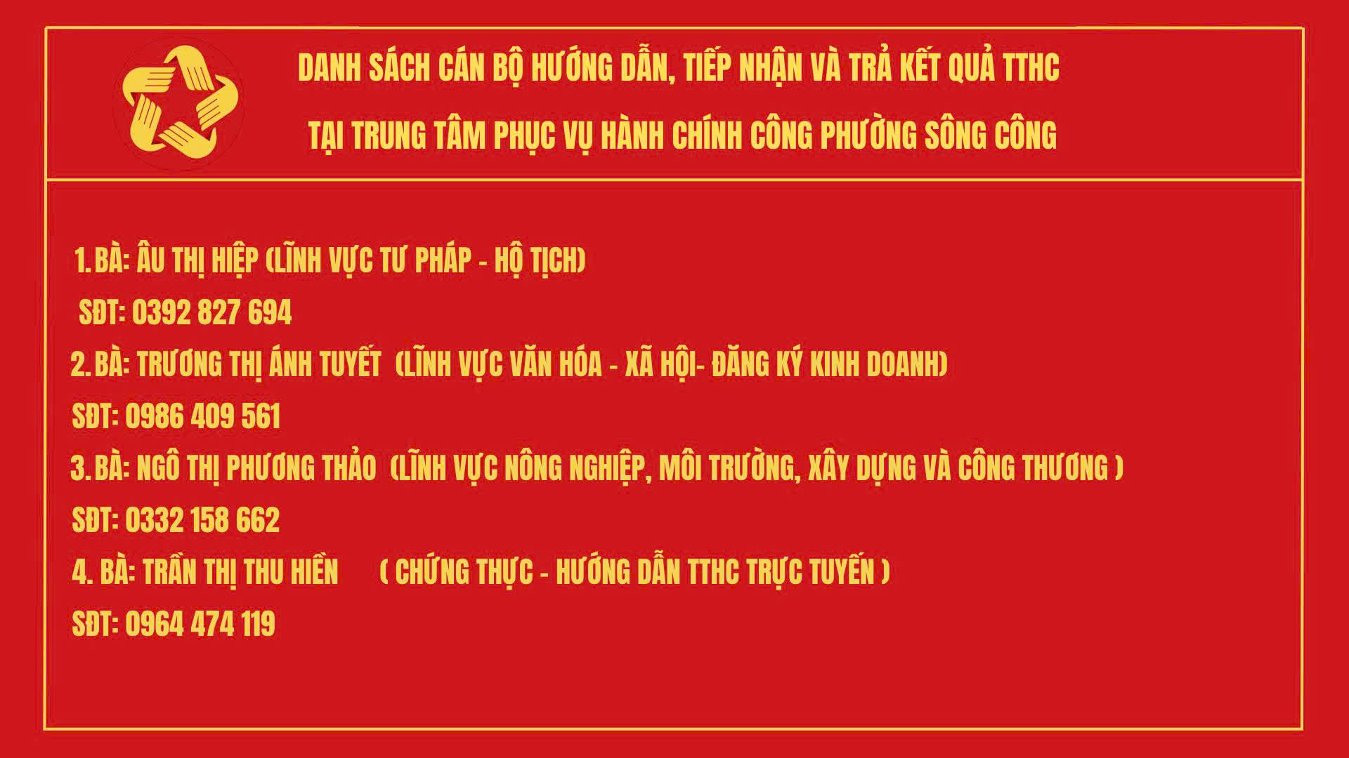 CẬP NHẬT DANH SÁCH CÔNG CHỨC, VIÊN CHỨC HƯỚNG DẪN, TIẾP NHẬN VÀ TRẢ KẾT QUẢ TẠI TRUNG TÂM PHỤC VỤ HÀNH CHÍNH CÔNG PHƯỜNG SÔNG CÔNG