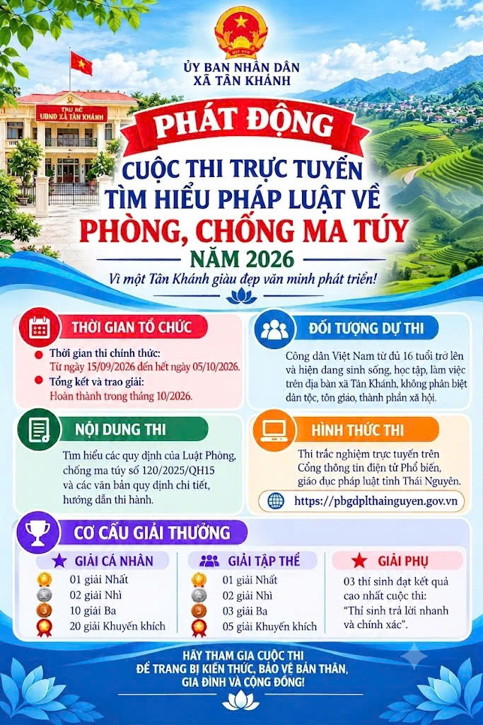 CÔNG VĂN CỦA UBND XÃ TÂN KHÁNH VỀ TRIỂN KHAI HƯỞNG ỨNG CUỘC THI TRỰC TUYẾN "TÌM HIỂU PHÁP LUẬT VỀ PHÒNG, CHỐNG MA TÚY TỈNH THÁI NGUYÊN NĂM 2026"