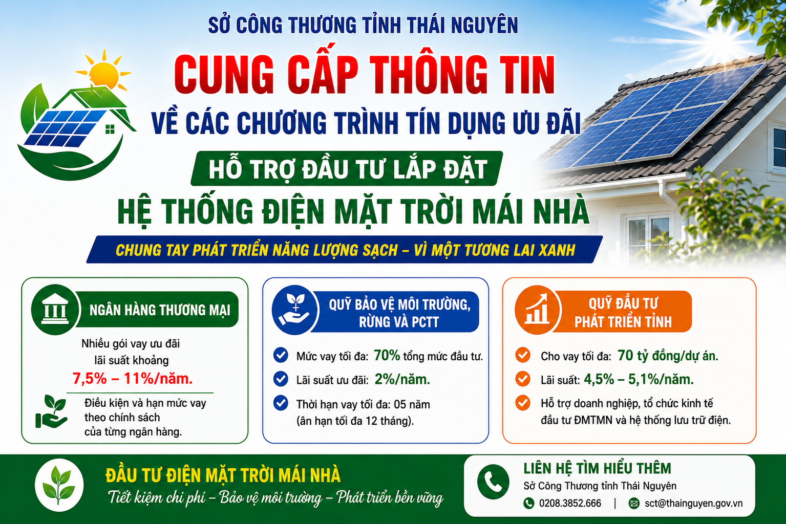CUNG CẤP THÔNG TIN VỀ CÁC CHƯƠNG TRÌNH TÍN DỤNG ƯU ĐÃI HỖ TRỢ ĐẦU TƯ LẮP ĐẶT HỆ THỐNG ĐIỆN MẶT TRỜI MÁI NHÀ TRÊN ĐỊA BÀN TỈNH THÁI NGUYÊN